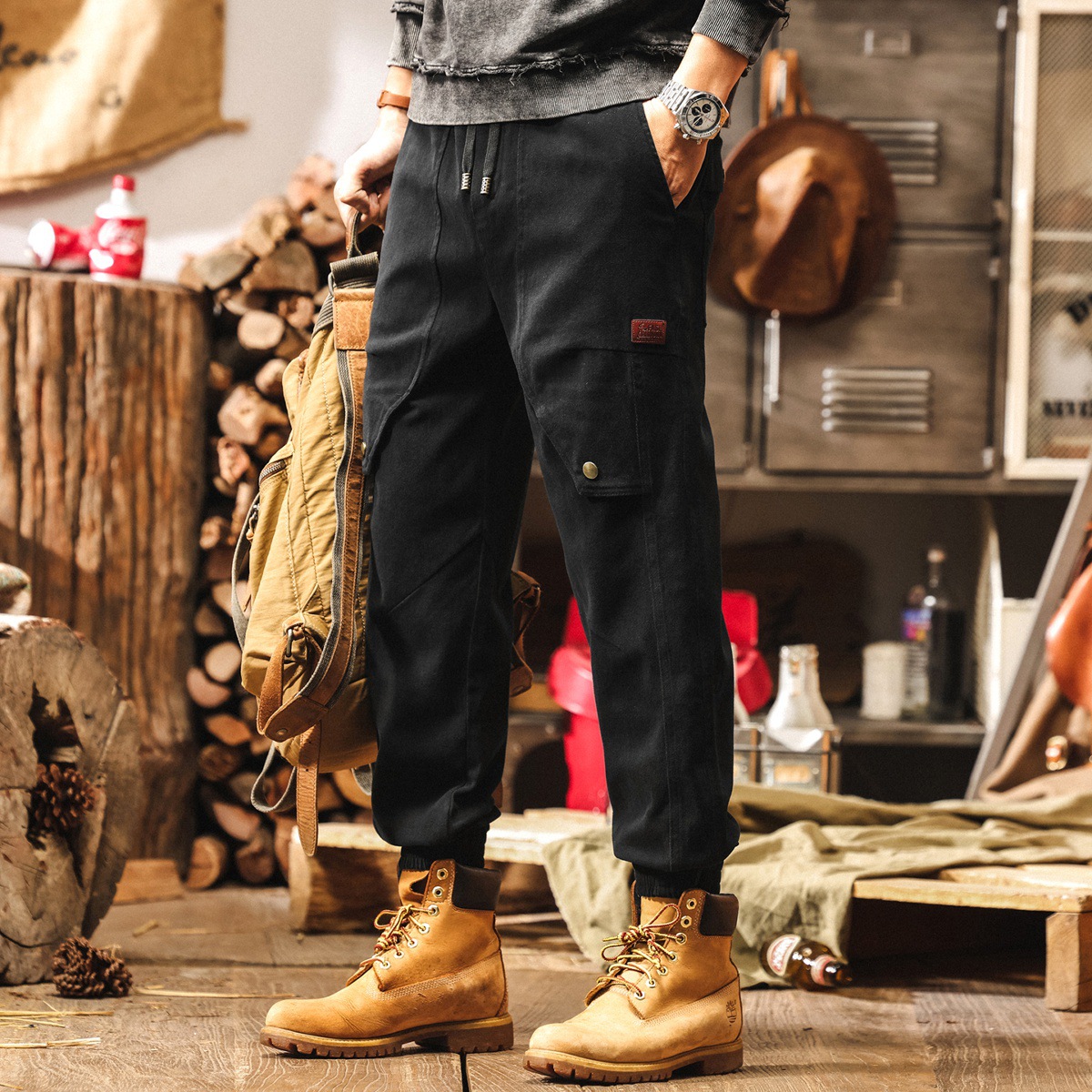 美式復古卡其色工裝褲子男士秋季新款戶外潮牌寬鬆束腳男褲休閒褲