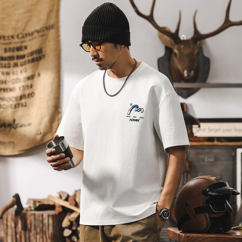 科技涼感T恤男2025新款短袖男夏季潮流美式復古潮牌寬鬆休閒上衣T