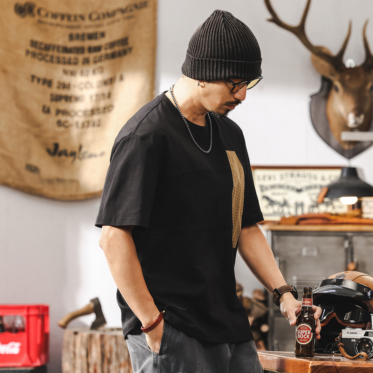 美式復古230g重磅短袖男士T恤夏季潮流拼接高級感半截袖男裝體恤