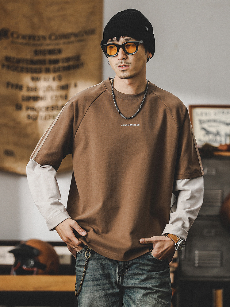 280g重磅T恤男長袖2024年新款假兩件拼接潮牌男士上衣寬鬆衣服男