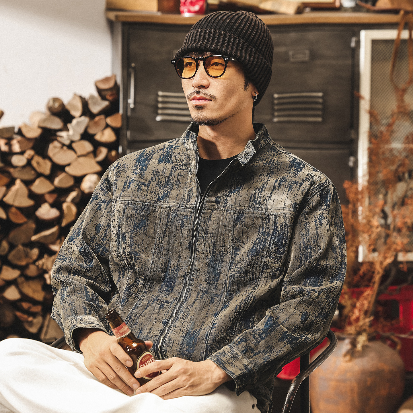 美式復古廢土風髒髒植絨牛仔外套男春秋潮流痞帥潮牌休閒男士夾克