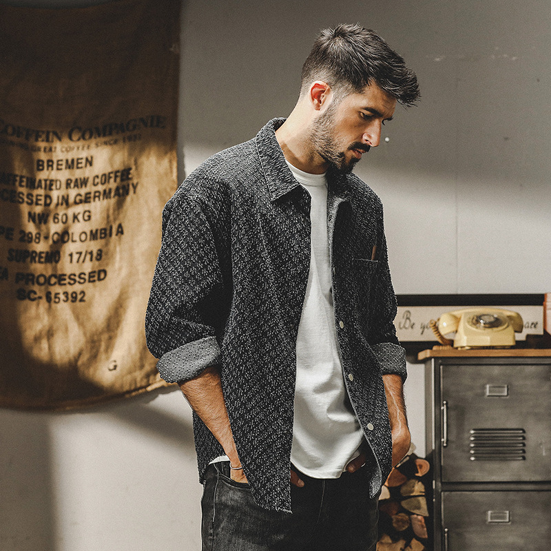 杰雷諾小香風襯衫男長袖秋季重磅石磨洗水做舊流蘇牛仔外套男春秋