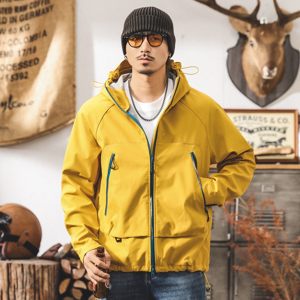 美式山系戶外壓膠衝鋒衣外套男春秋新款防風鎖溫方格登山工裝夾克