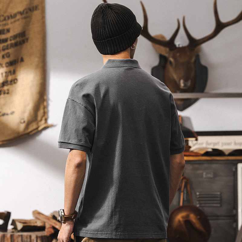 美式復古做舊炒砂水洗POLO衫男士重磅T恤男短袖夏季潮流寬鬆上衣T