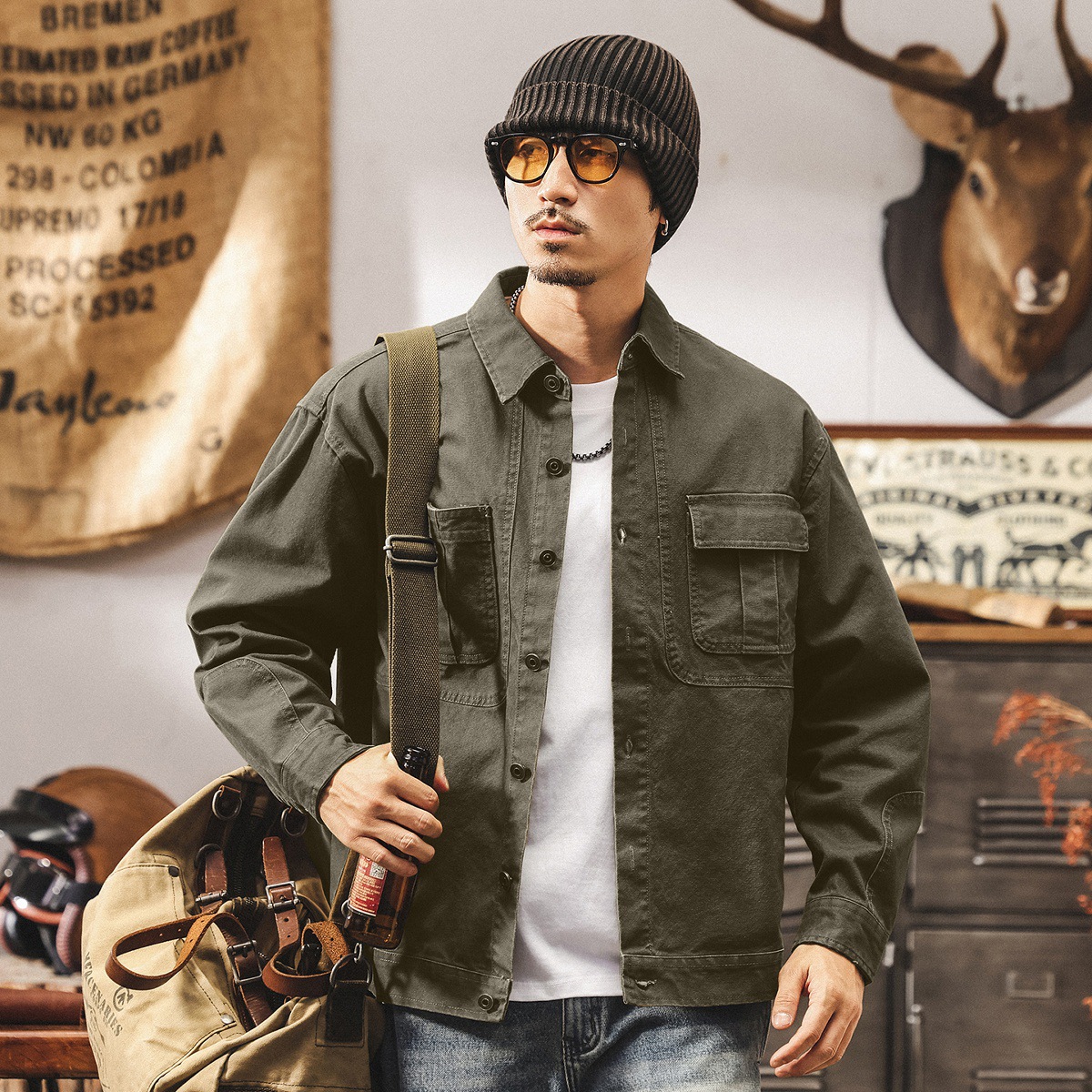 美式復古重磅工裝襯衫男長袖春秋新款潮牌寬鬆硬漢獵裝夾克外套男