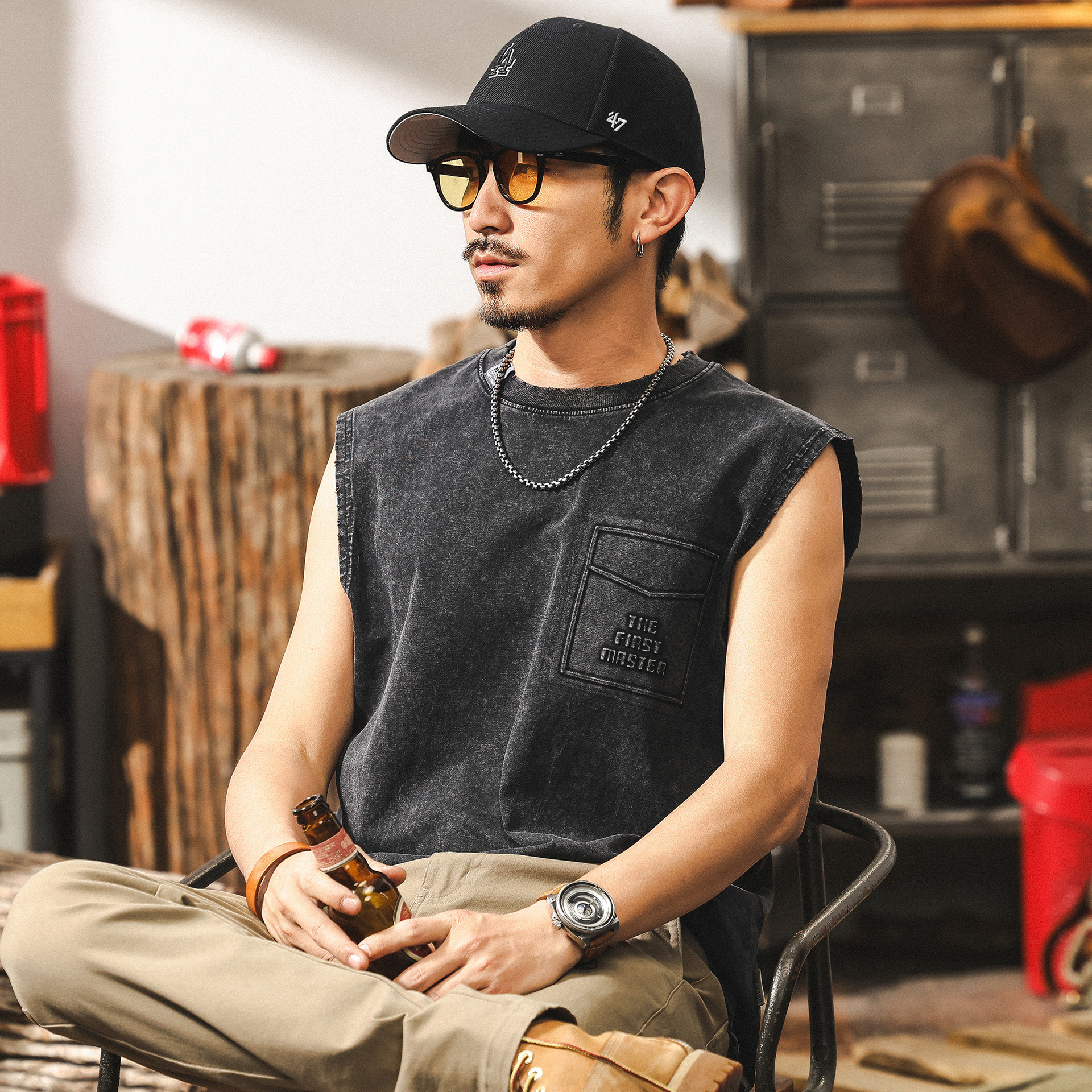 美式復古水洗做舊運動健身背心坎肩籃球訓練夏季寬鬆男士T恤