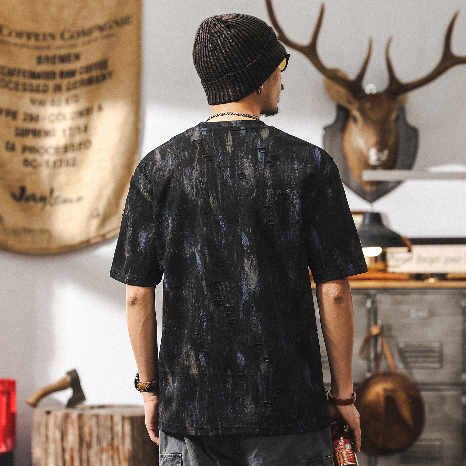 雲染洗褪破洞短袖美式高街T恤男夏季潮牌高級感提花男士休閒上衣