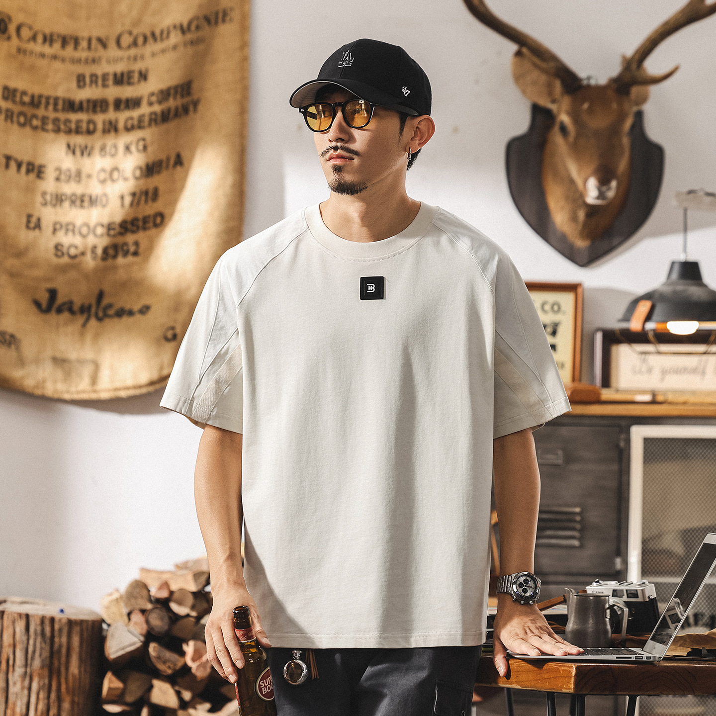 美式復古重磅T恤男短袖夏季新款拼接高級感寬鬆男生半袖上衣T