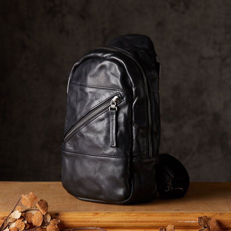 手工植鞣牛皮胸包男士戶外休閒單肩斜挎包個性百搭多功能真皮男包