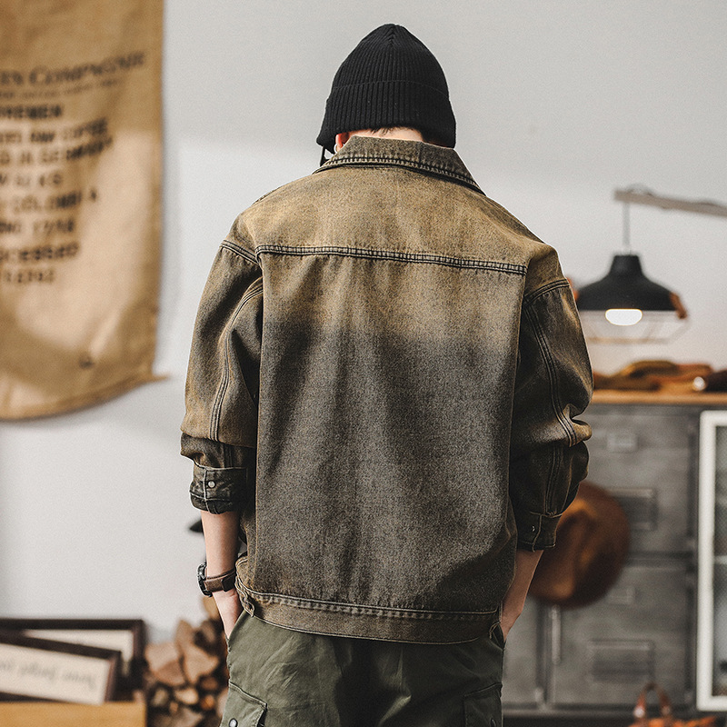 未來賽博朋克廢土風牛仔外套男春秋潮牌痞帥鐵鏽水洗機能工裝夾克