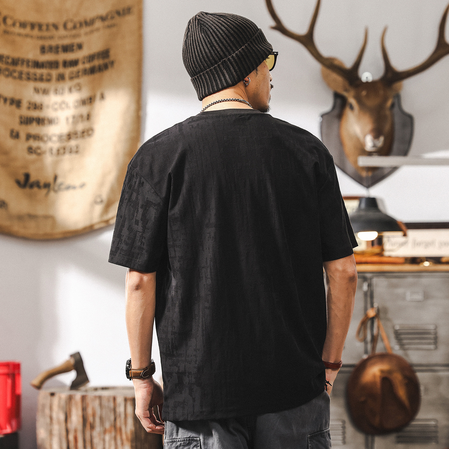 美式復古肌理感提花短袖T恤男夏季2025新款潮流高級感休閒上衣男