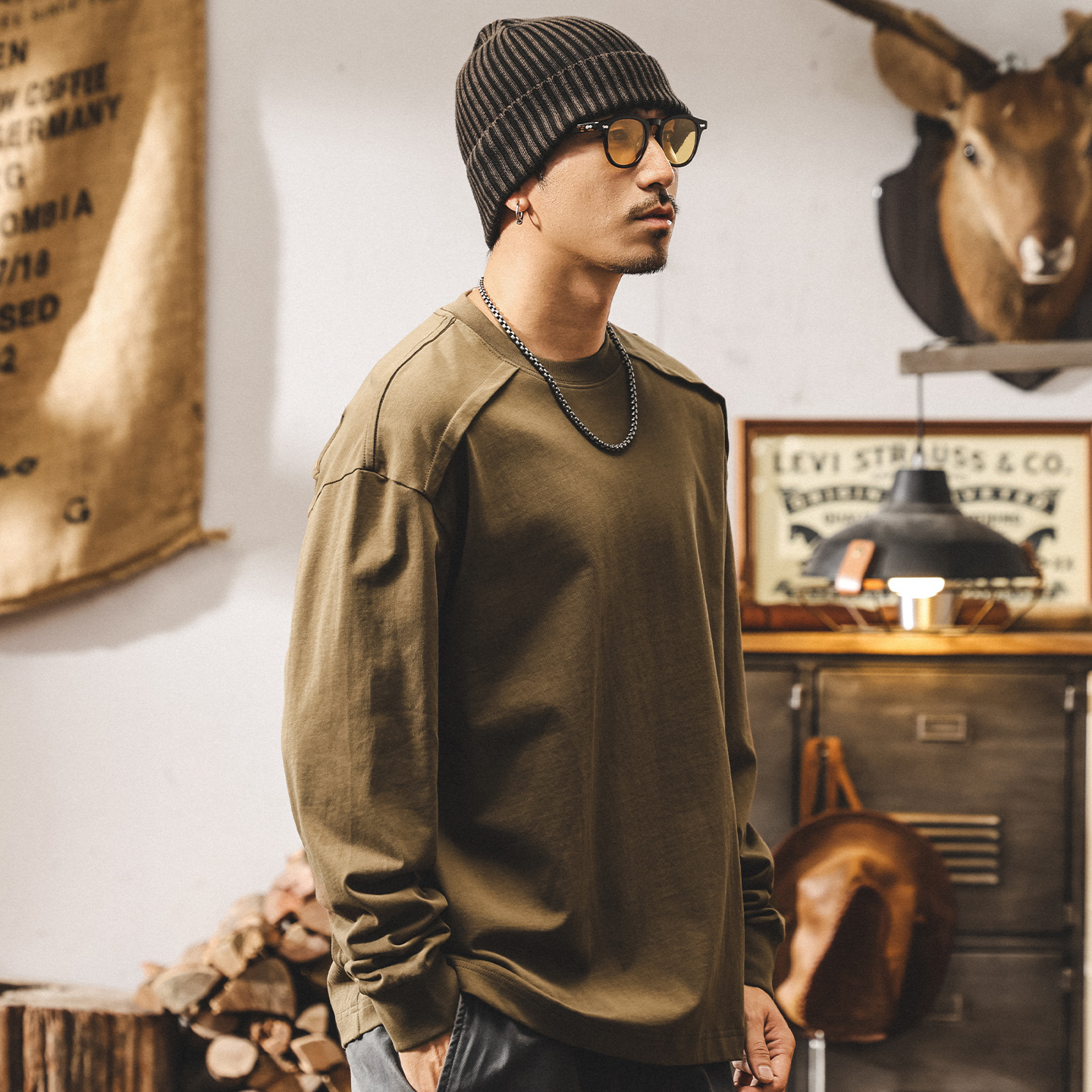 美式復古重磅長袖t恤男秋季新款設計感潮流拼接寬鬆休閒男士上衣