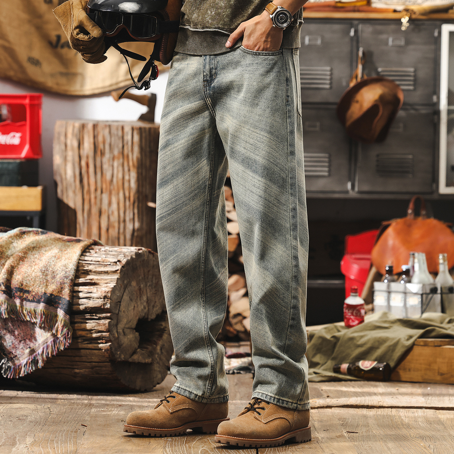 美式復古牛仔褲男直筒油刷馬騮做舊水洗高街男生休閒褲子潮牌男褲