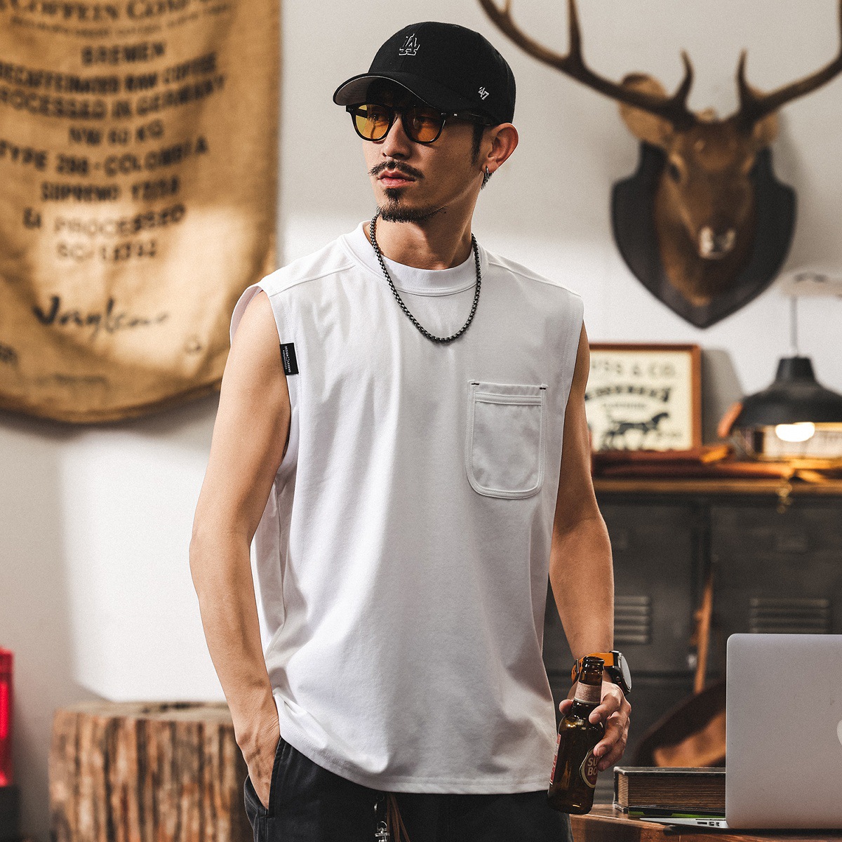 美式復古無袖T恤男夏季寬鬆透氣籃球坎肩上衣潮牌運動健身背心男