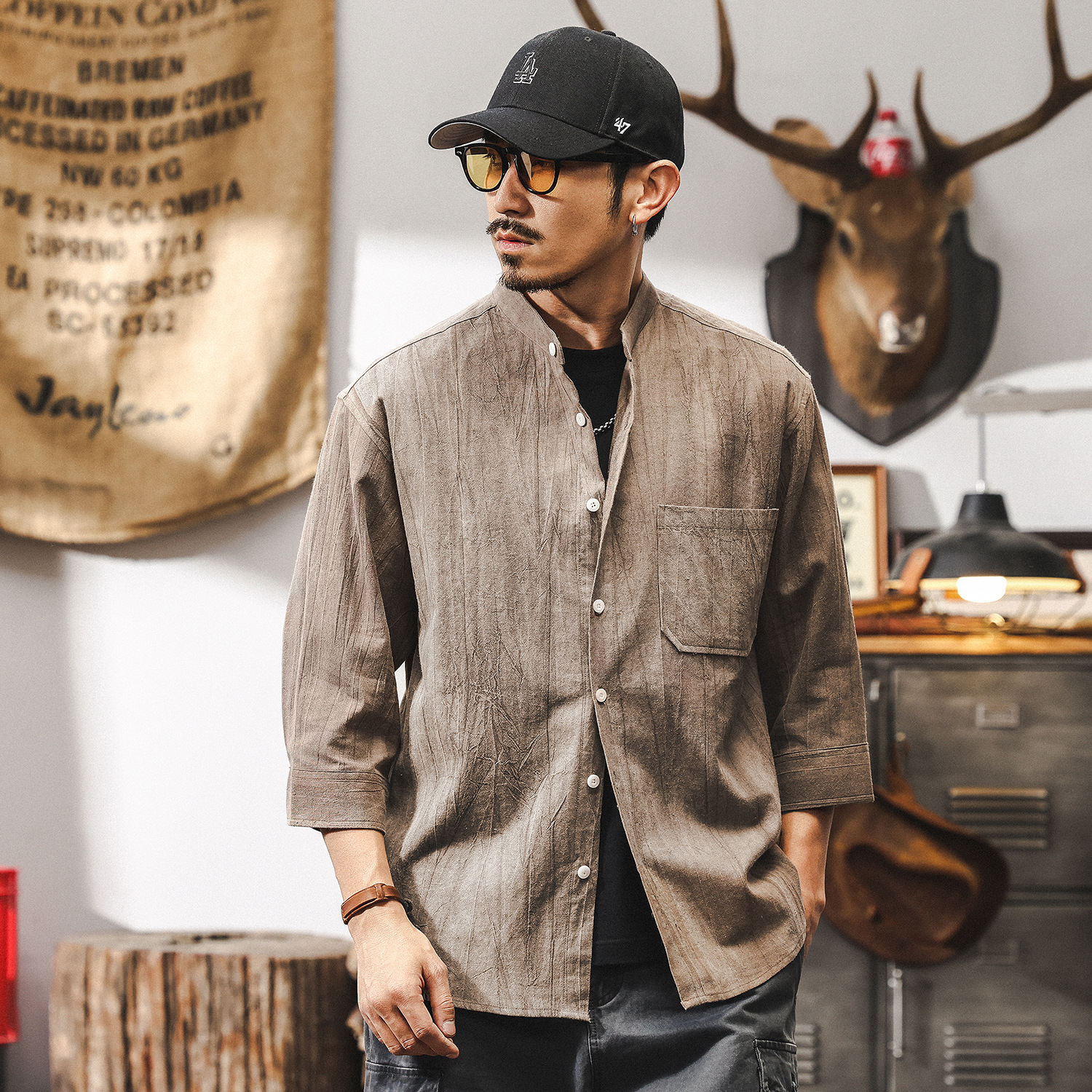 高級感棉麻七分袖襯衫男2025新款短袖男夏季薄款復古立領潮牌襯衣