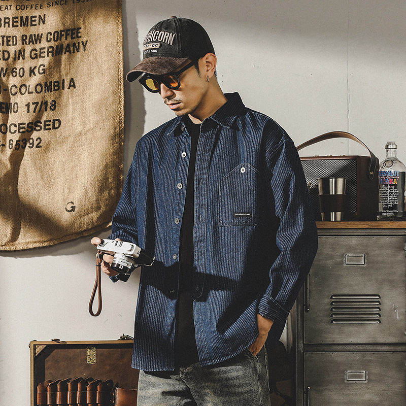 杰雷諾320g重磅條紋工裝襯衫男長袖春秋厚款美式休閒寬鬆古著襯衣