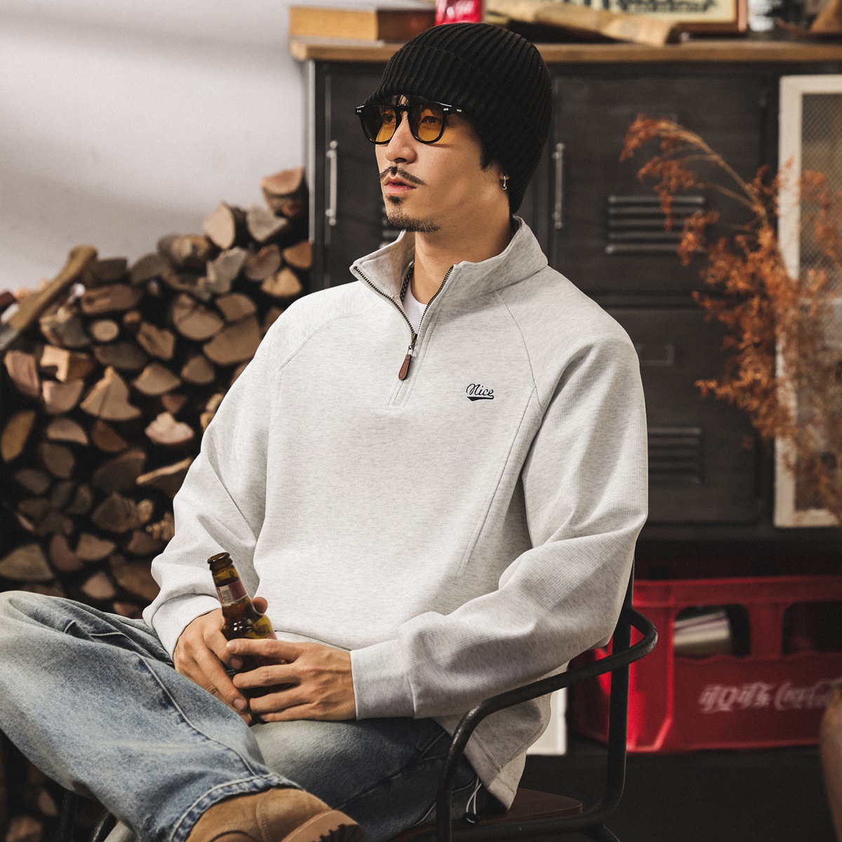 美式重磅復古立領半拉鍊衛衣男春秋潮牌新款簡約刺繡寬鬆休閒上衣