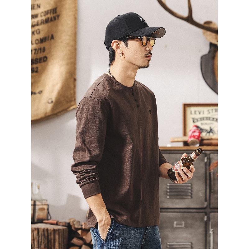 美式復古咖色亨利領長袖t恤男春秋新款寬鬆硬漢潮流男士上衣