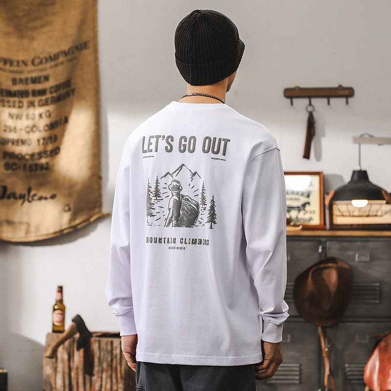美式復古山系長袖T恤男秋季2024新款潮牌230g重磅寬鬆上衣男
