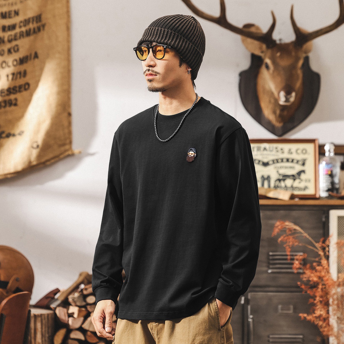 美式復古260g重磅長袖T恤男春秋新款寬鬆休閒打底衫白色純棉上衣T