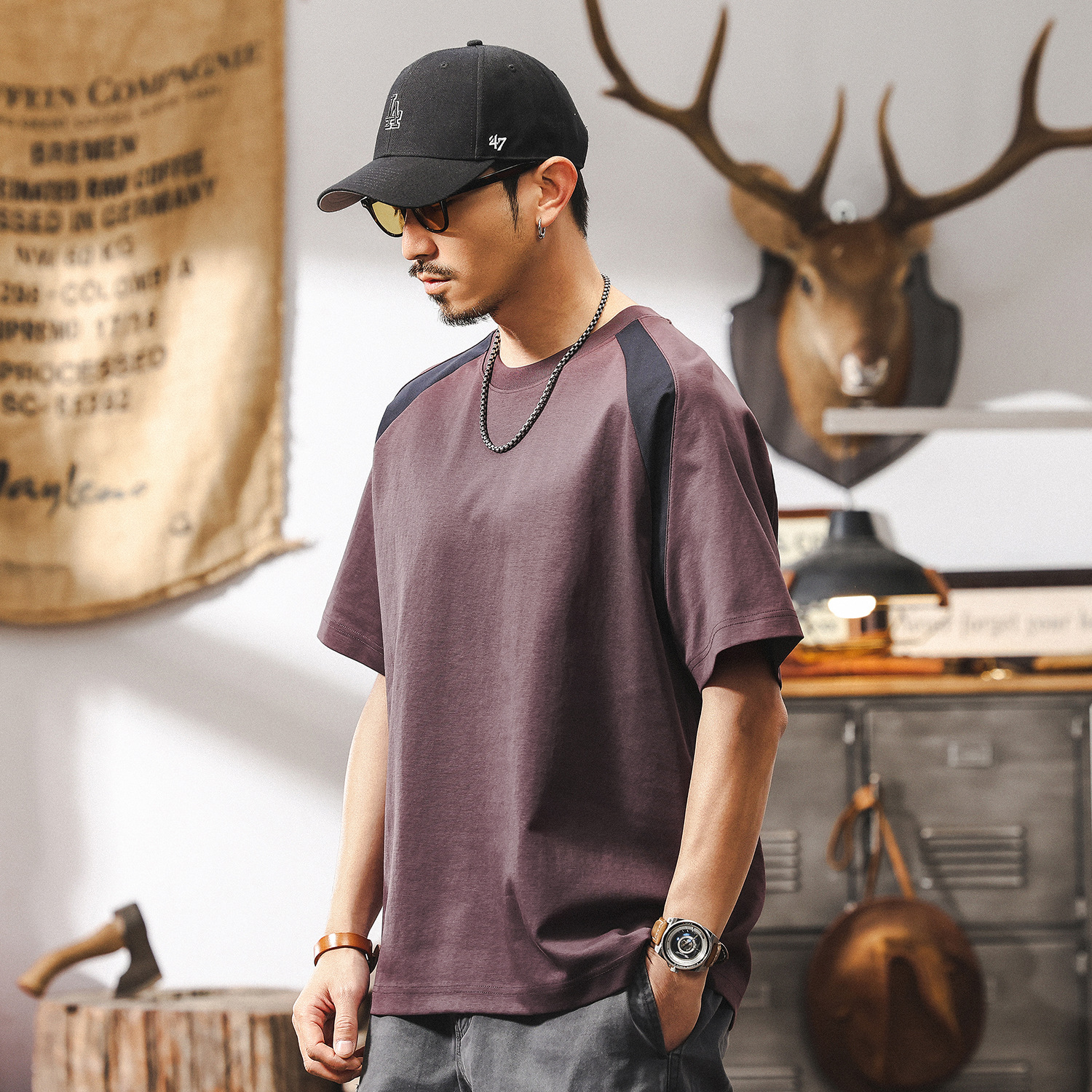美式復古拼色短袖T恤男夏季2025新款潮牌寬鬆潮流紫色多巴胺上衣