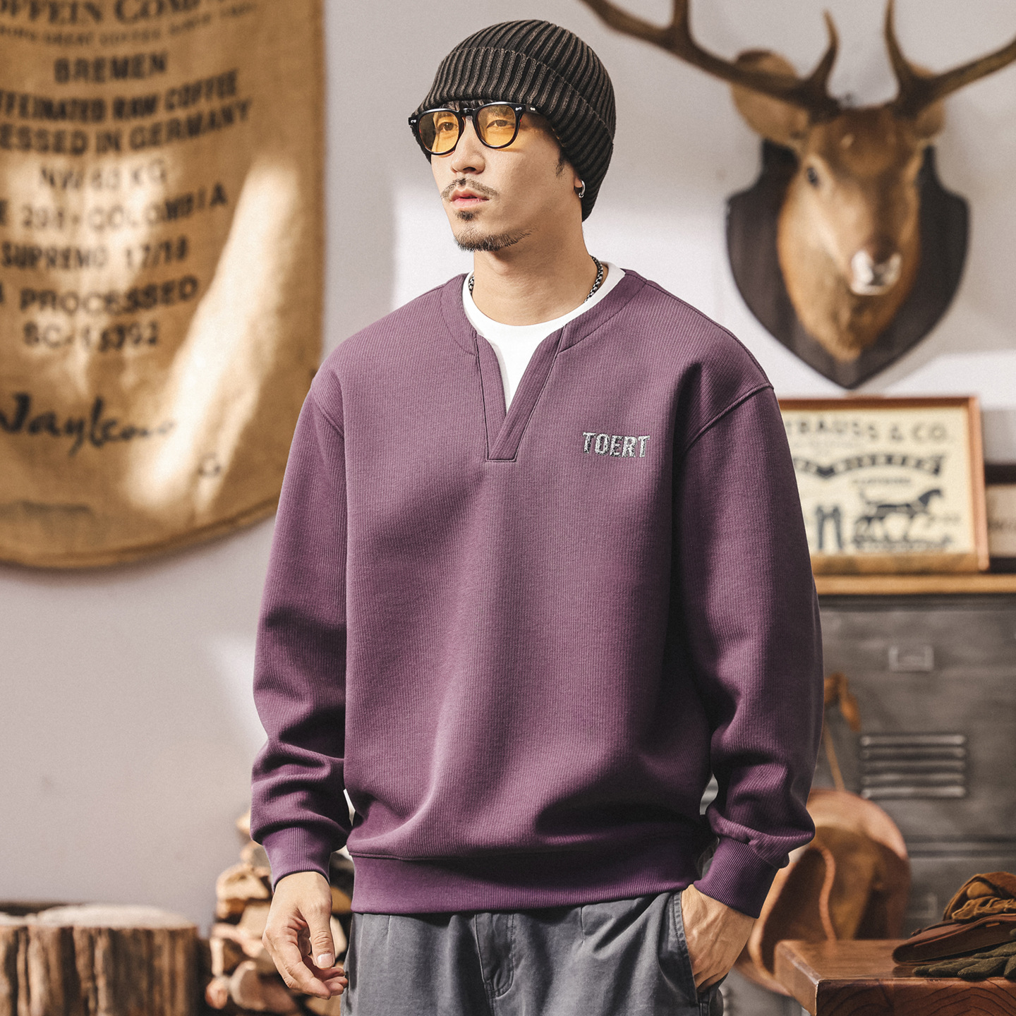 美式復古假兩件衛衣男春秋新款350重磅長袖T恤男寬鬆潮流紫色上衣