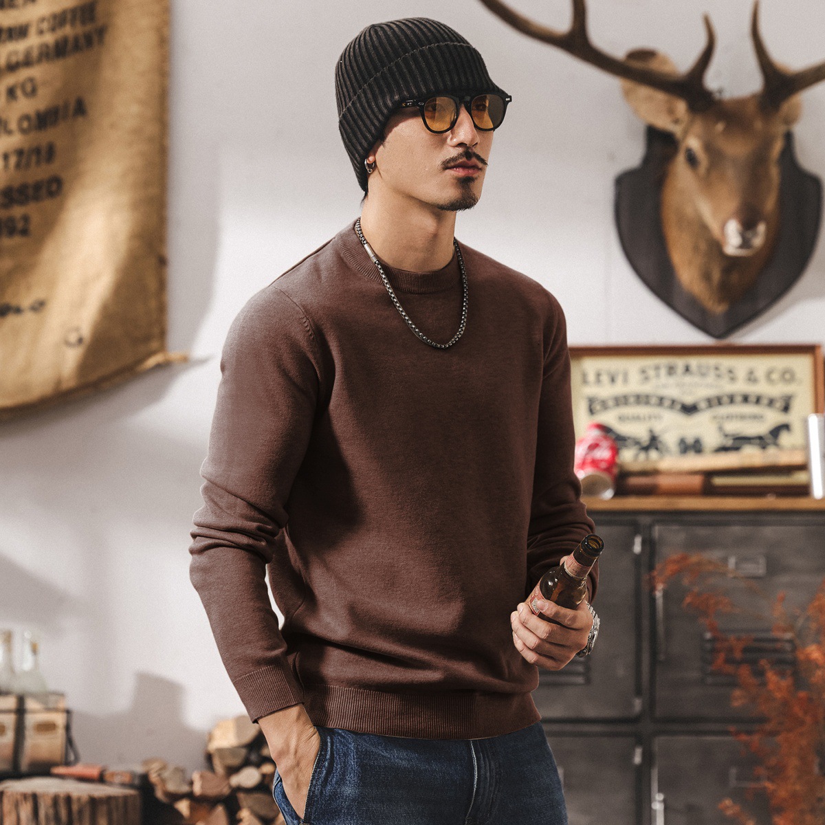 美式復古毛衣男秋冬新款潮牌保暖純色休閒內搭上衣男士針織打底衫
