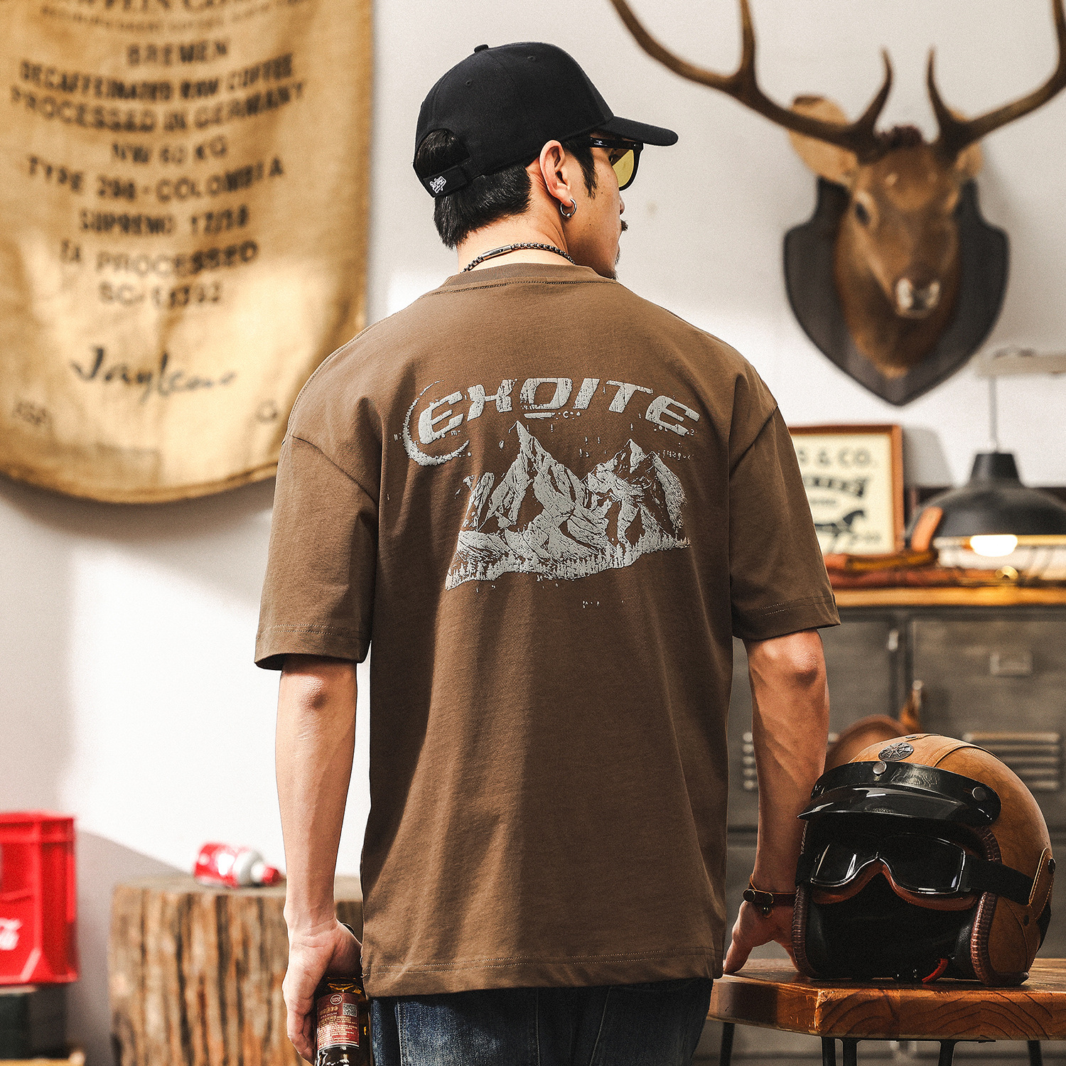 零縮力涼感T恤男短袖夏季美式復古山系印花休閒大碼美式重磅上衣