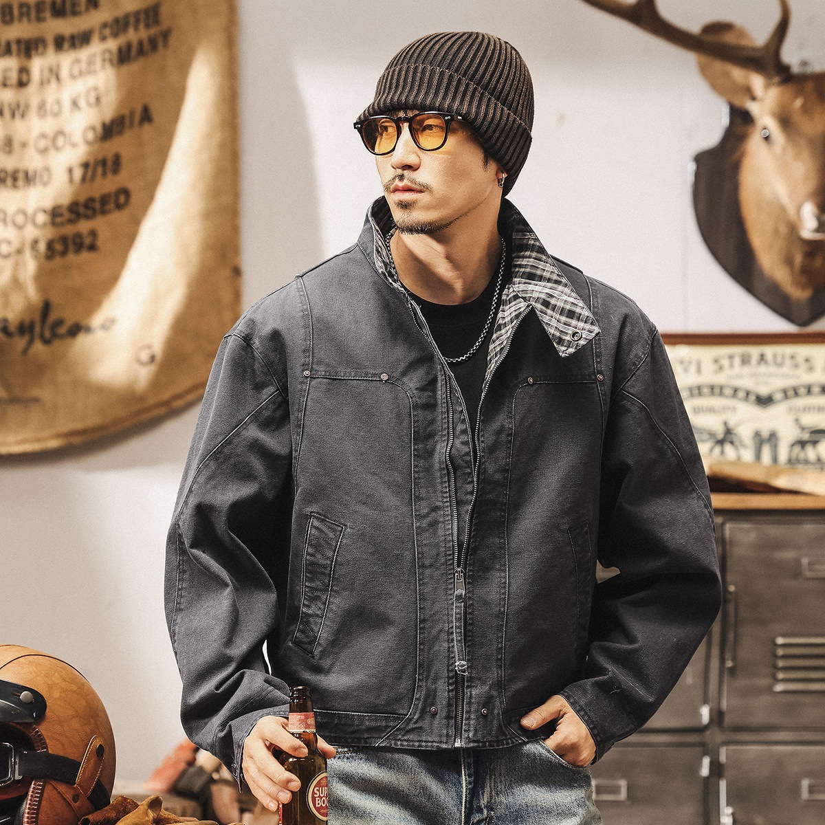 美式復古重磅工裝外套男春秋寬鬆潮牌重工水洗硬漢休閒短款夾克男