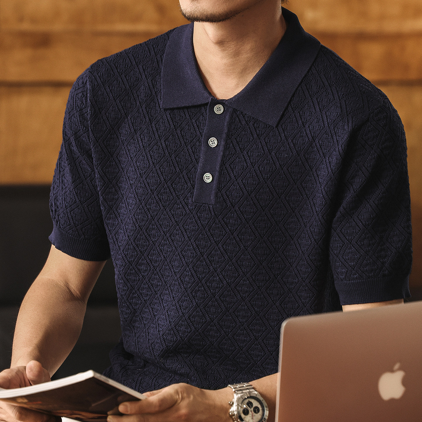 新貴老錢風提花針織Polo衫短袖男款夏季涼感輕熟通勤亨特領t恤男