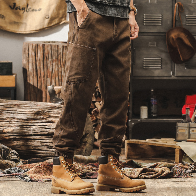 美式復古重磅工裝褲子男春季2025新款束腳褲男寬鬆直筒男士休閒褲