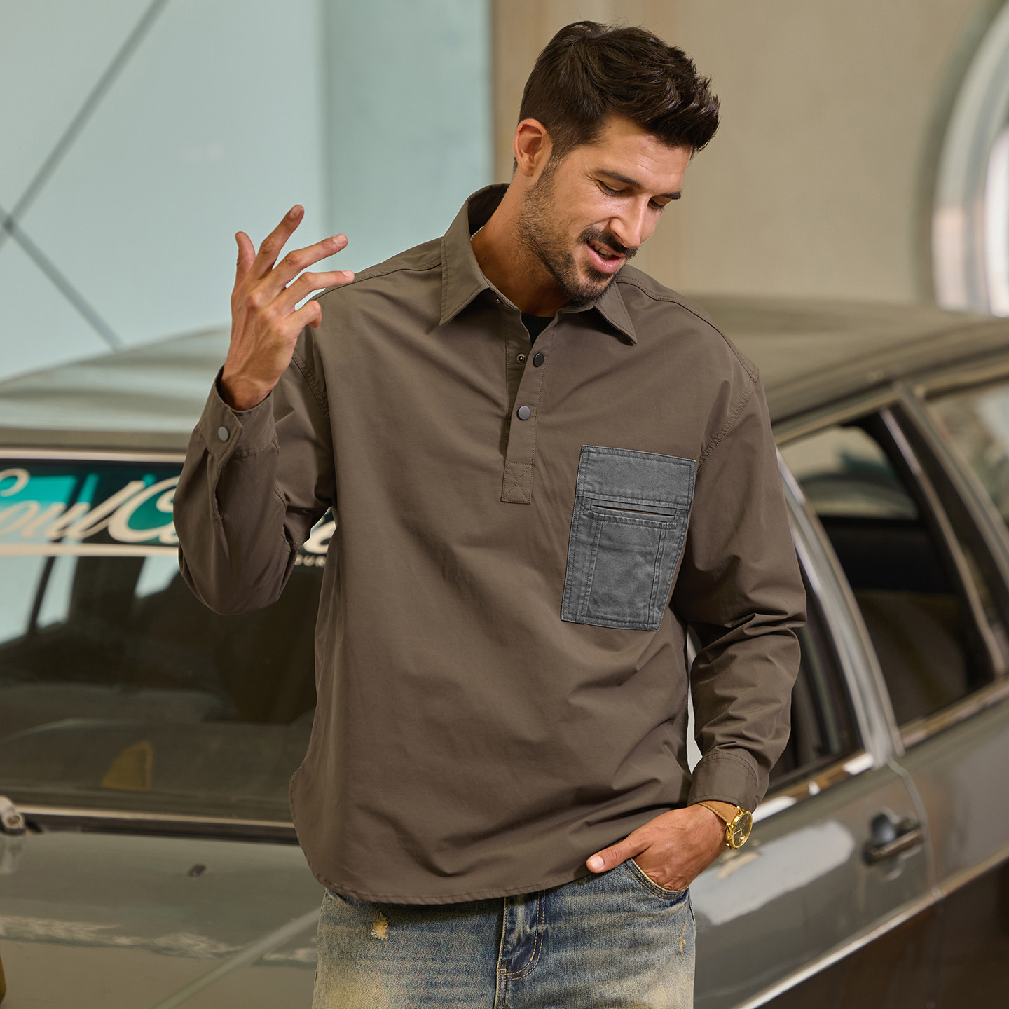 美式重磅復古工裝襯衫男春季2026新款T恤男士長袖上衣寬鬆POLO衫