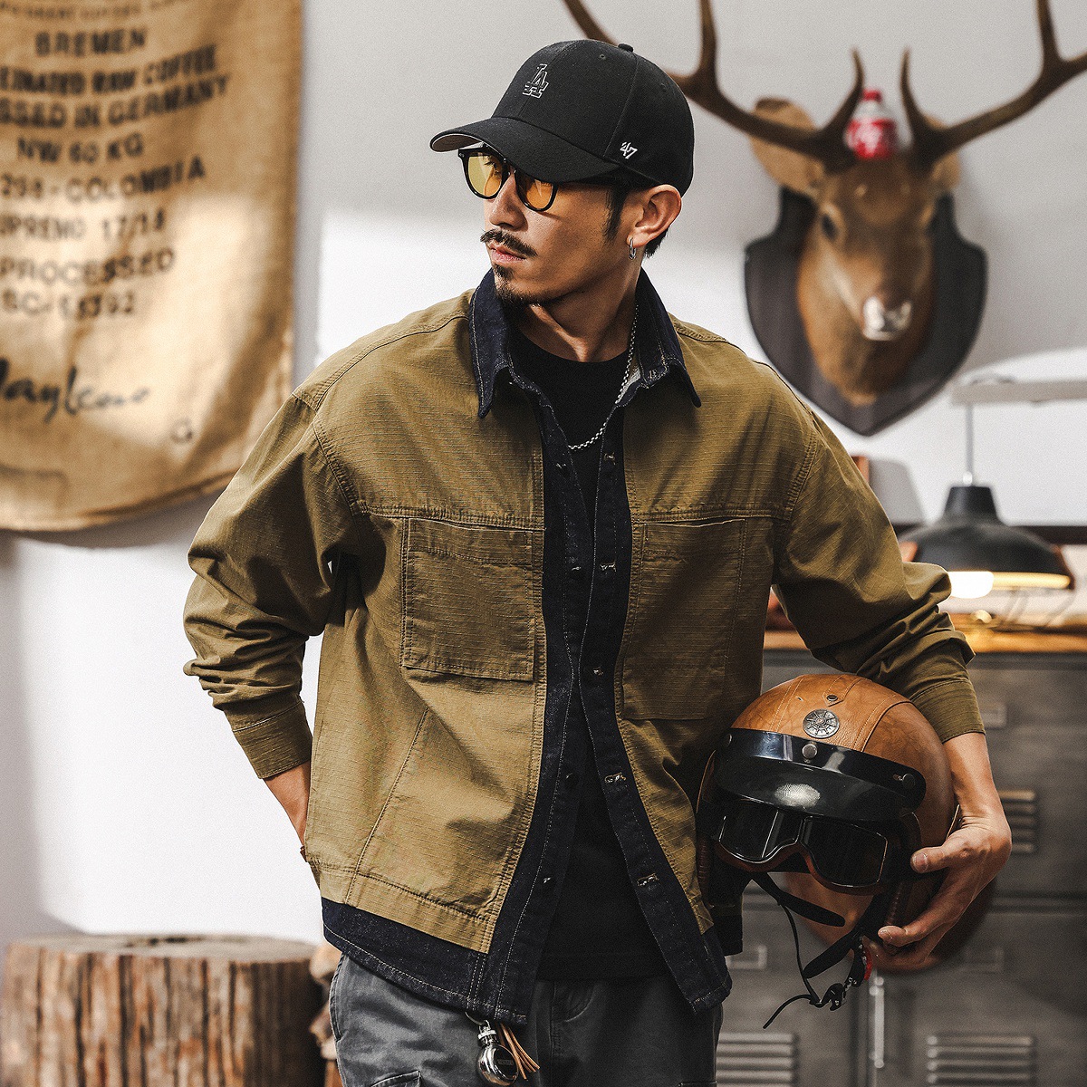 美式復古假兩件牛仔外套男春秋潮牌2025新款痞帥秋季寬鬆長袖襯衫