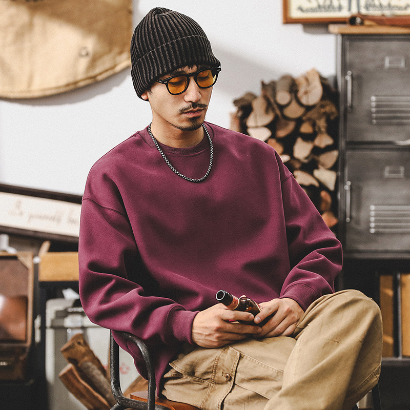 美式重磅圓領衛衣男款秋季潮牌寬鬆酒紅色上衣簡約百搭休閒衣服男