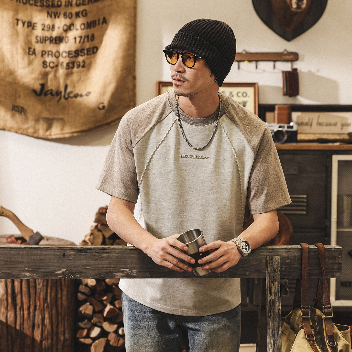 美式復古彩島棉男士短袖T恤夏季新款潮流插肩袖230g重磅寬鬆上衣