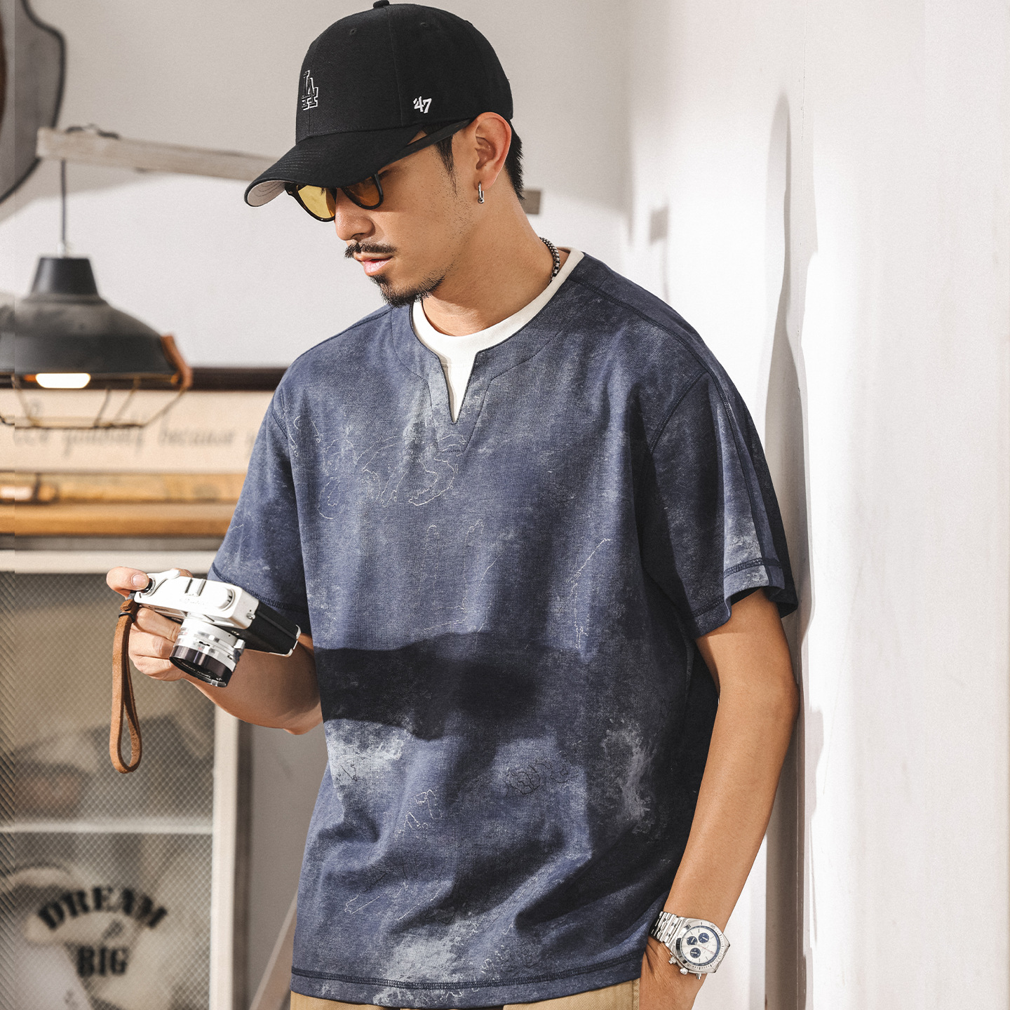 美式復古假兩件T恤男士短袖夏季新款潮牌扎染雙層領寬鬆休閒上衣T