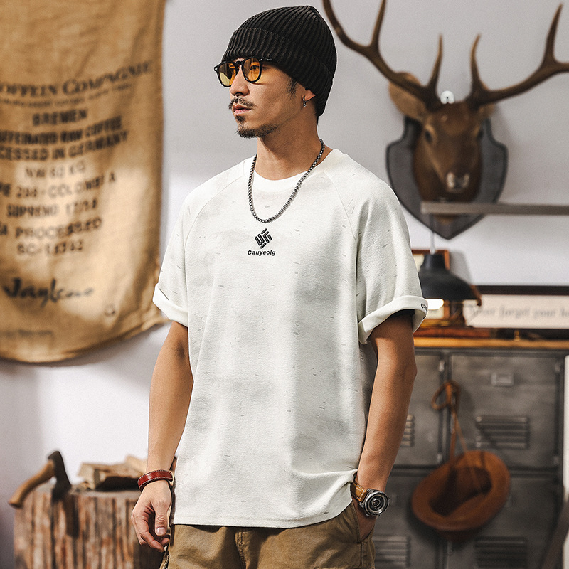 提花涼感短袖男夏季T恤2025新款美式復古潮流破壞風痞帥寬鬆上衣T