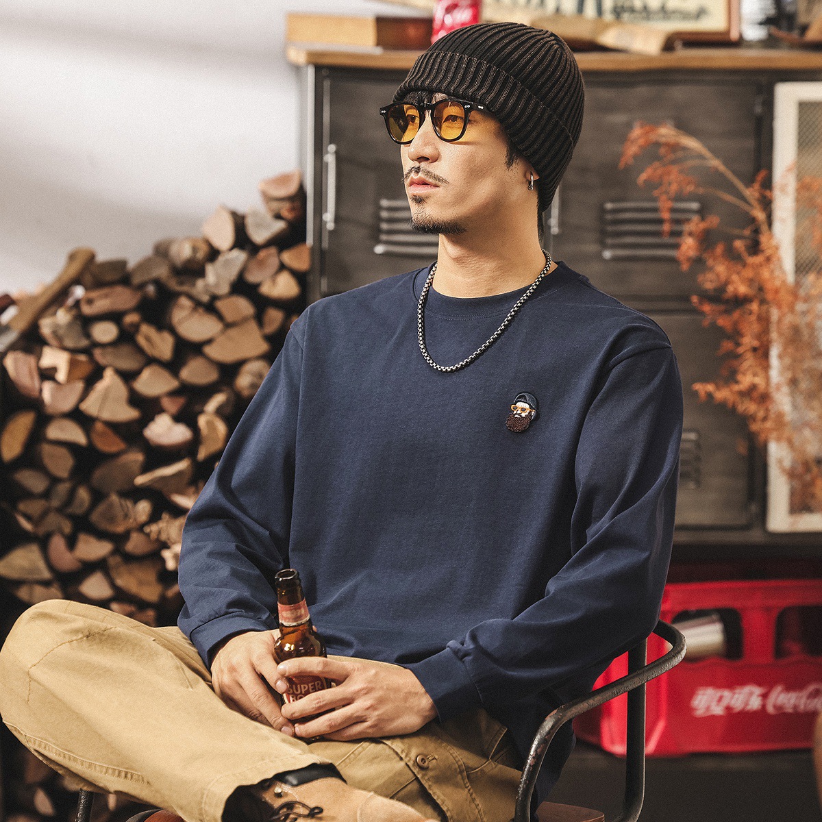 美式復古260g重磅長袖T恤男春秋新款寬鬆休閒打底衫白色純棉上衣T