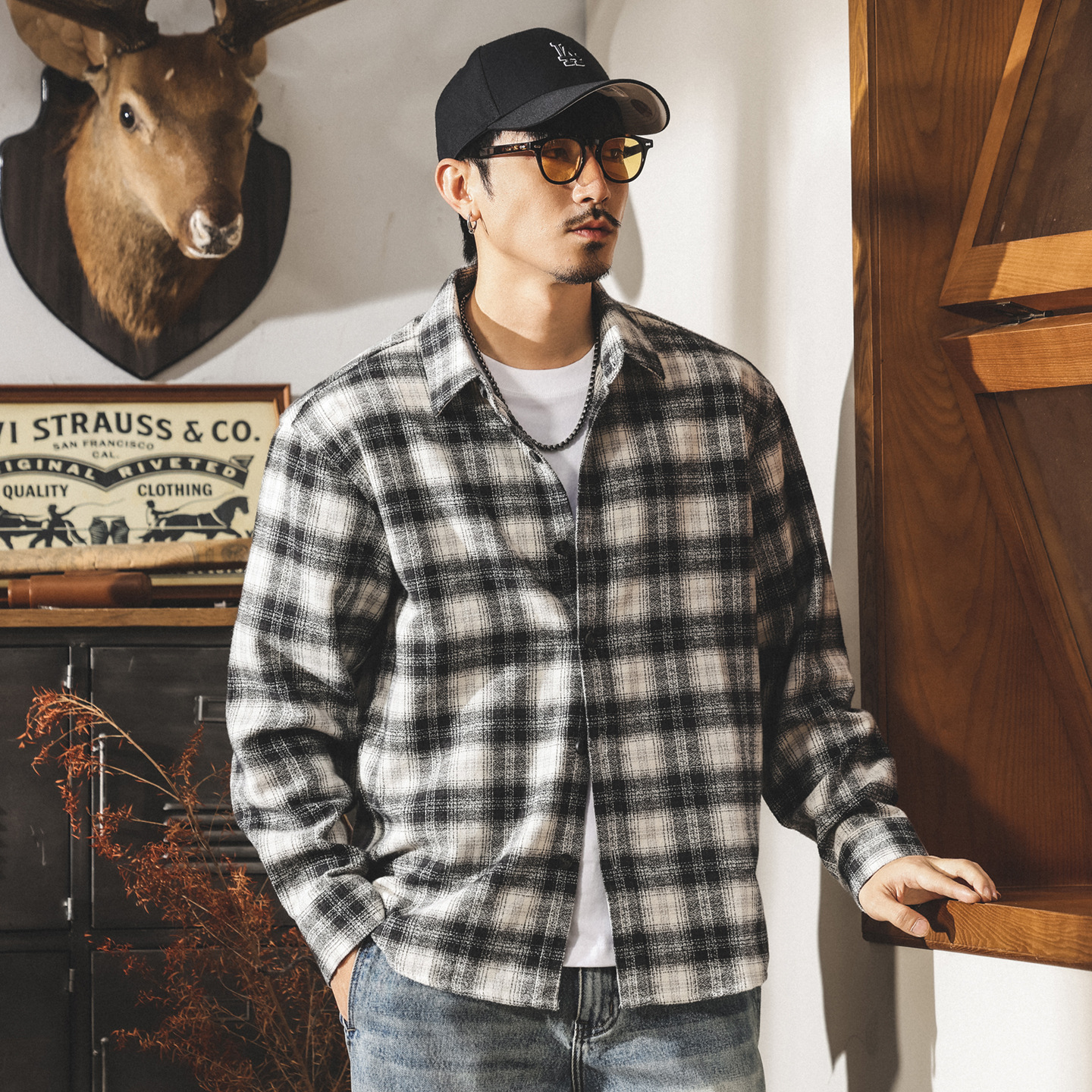 美式復古經典黑白格子襯衫男長袖春秋潮牌新款寬鬆休閒襯衣外套男