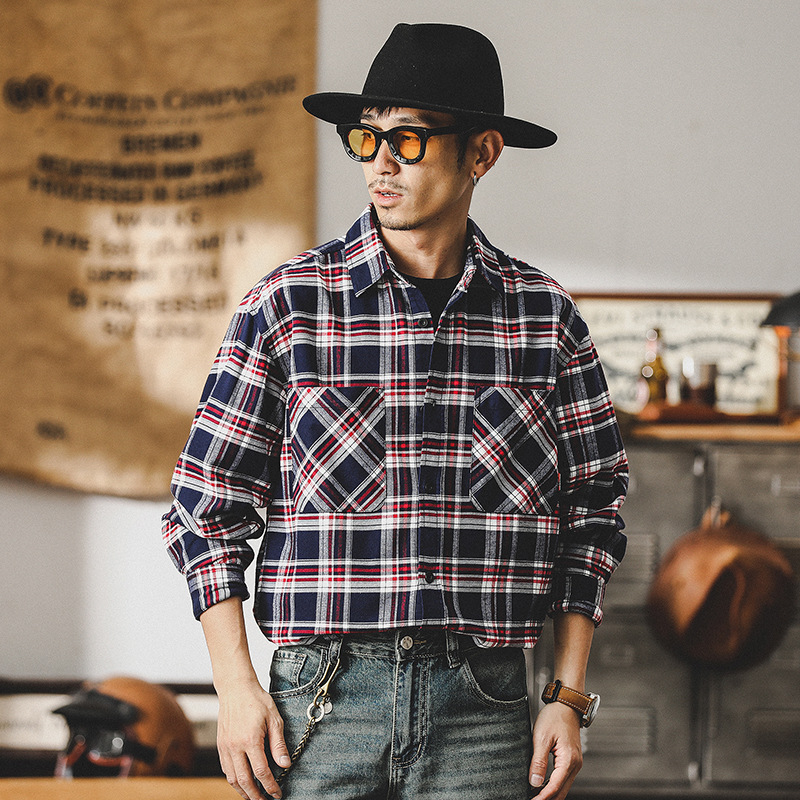 美式經典復古格子長袖襯衫男2024新款磨毛內搭英倫休閒襯衣男上衣