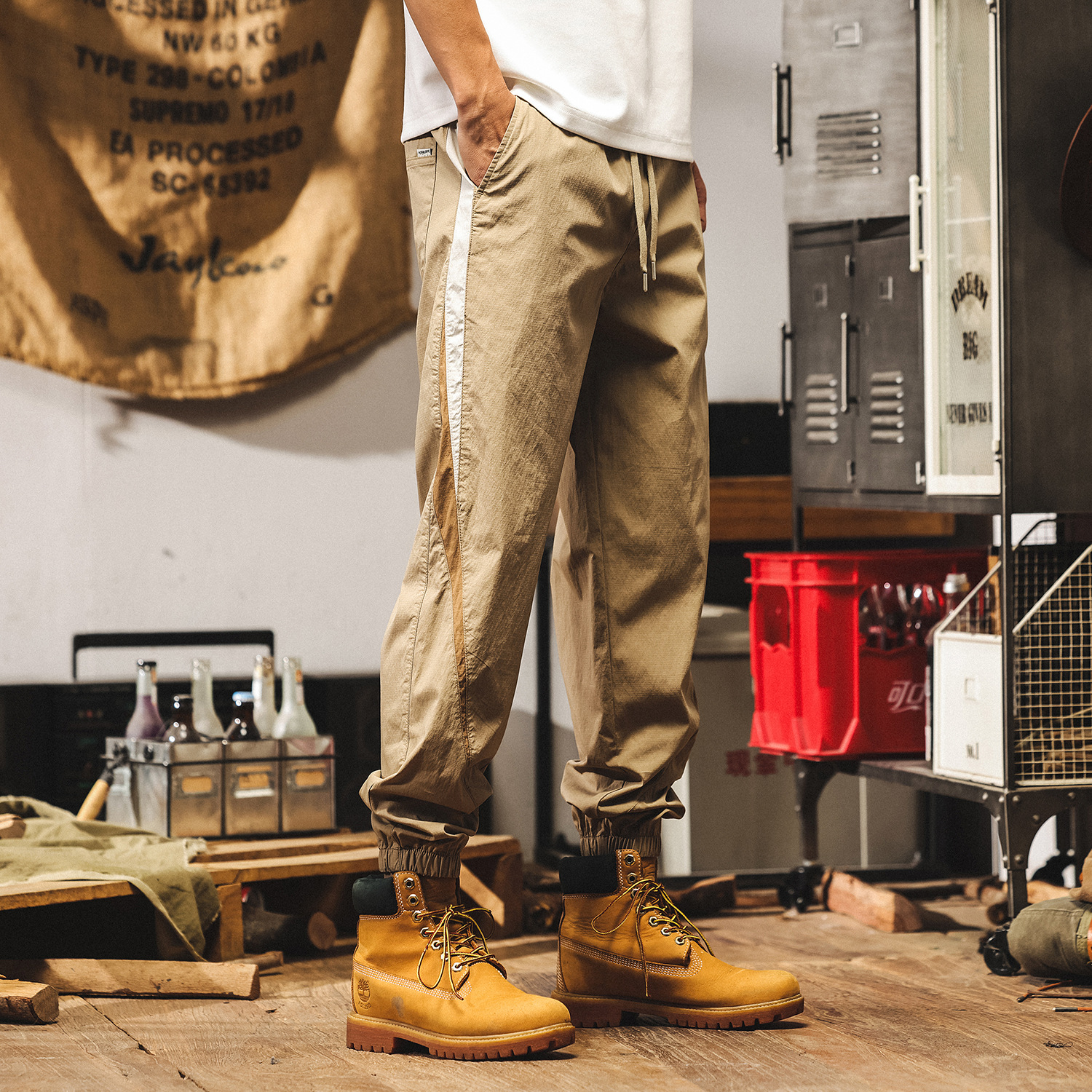 冰絲薄款褲子男夏季寬鬆大碼卡其色束腳男士休閒褲美式復古工裝褲