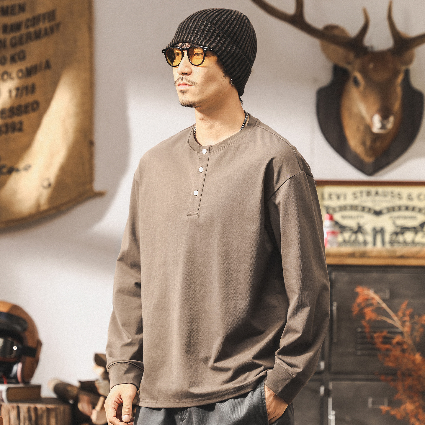 美式復古亨利領t恤男長袖秋季2025新款潮流上衣男寬鬆休閒polo衫