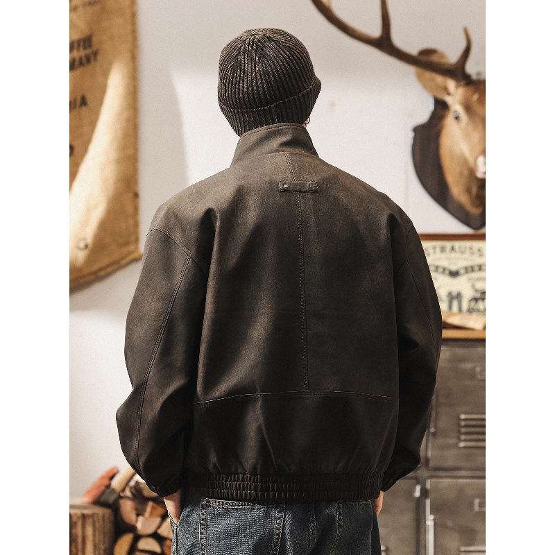 美式復古啞光做舊PU皮衣外套男春秋新款潮流痞帥機車立領工裝夾克
