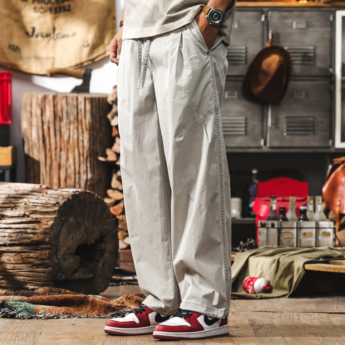 美式復古寬鬆闊腿休閒褲男士夏季新款直筒褲子拼接潮牌工裝束腳褲