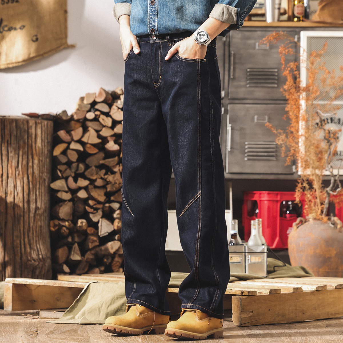 美式經典復古丹寧水洗牛仔褲男直筒秋冬新款潮牌寬鬆原色休閒長褲