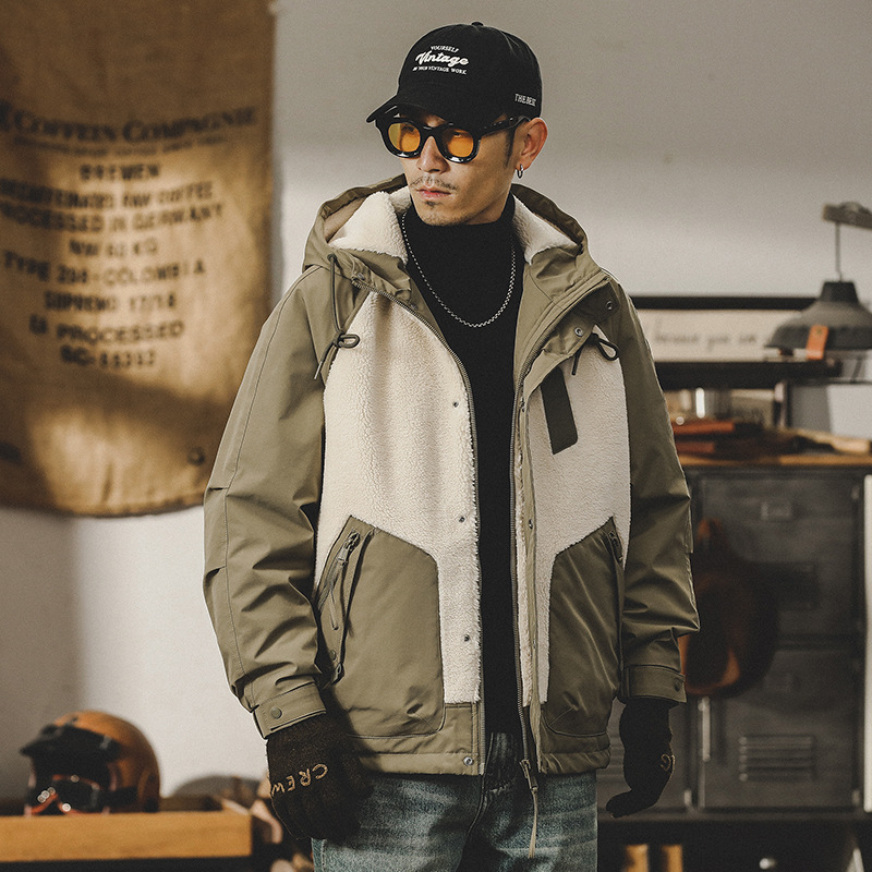 美式拼接設計羊羔絨外套男冬季2023年新款男生加絨加厚工裝棉服男