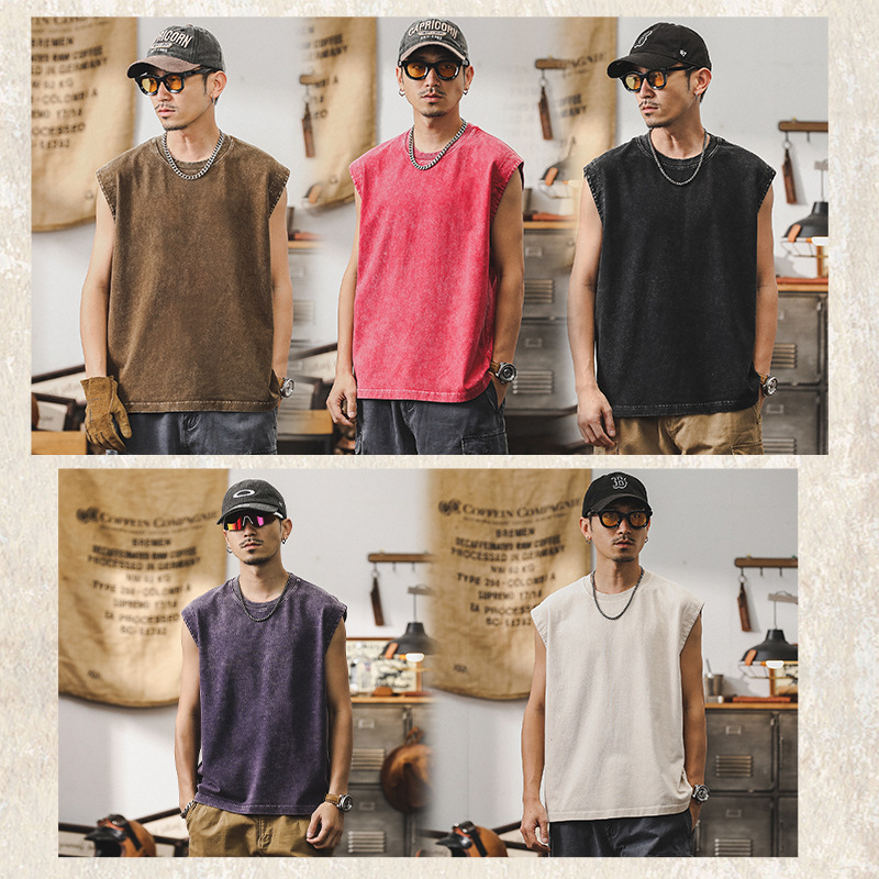 美式做舊水洗背心男款潮流夏季運動無袖男T恤健身寬鬆坎肩上衣潮