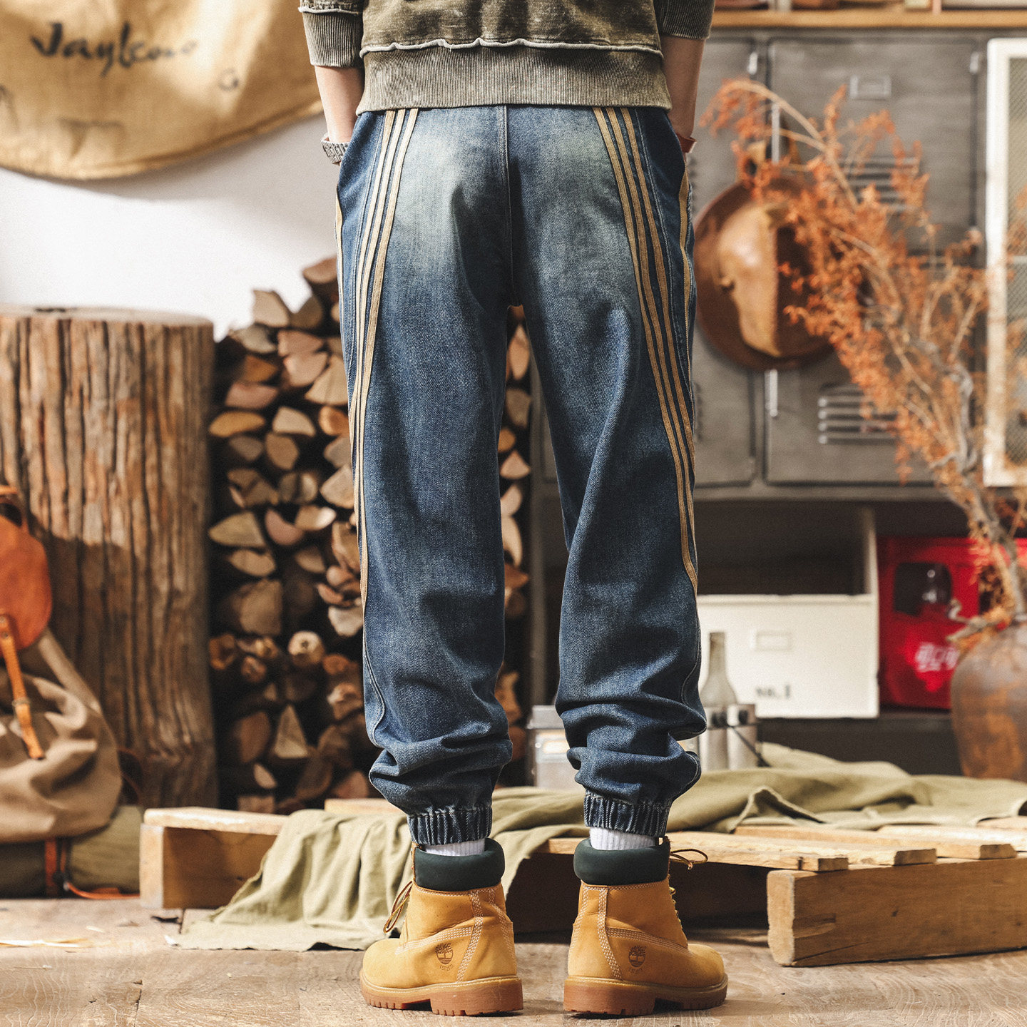 美式復古重磅水洗牛仔褲男款春季潮牌拼接工裝褲子男士寬鬆休閒褲