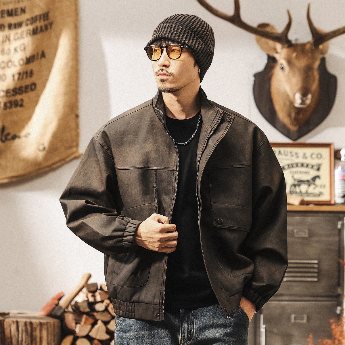 美式復古啞光做舊皮衣外套男春秋新款寬鬆潮流痞帥機車服皮夾克男