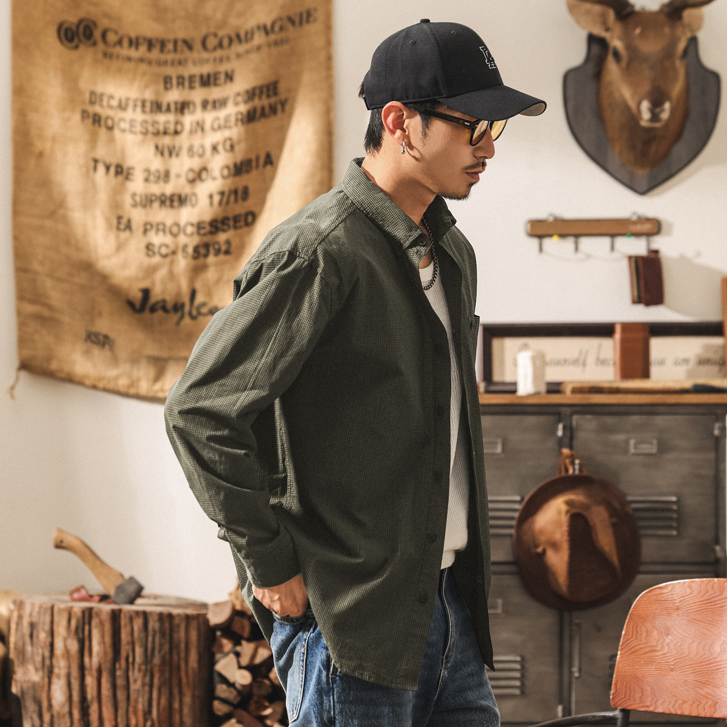 美式復古老錢風薄款千鳥格襯衫男款春季潮流長袖襯衣男士寬鬆外套